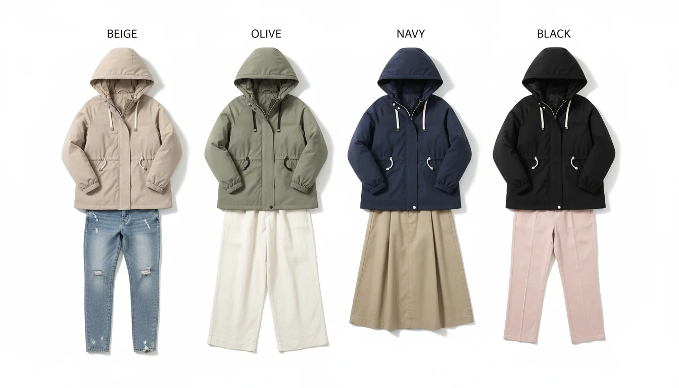 4色のマウンテンパーカーと合わせやすいボトムス比較